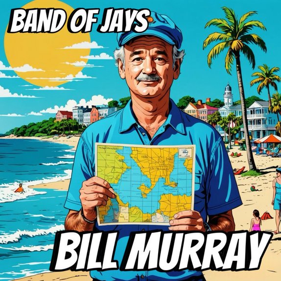 Bill Murray — cover art. A comic-book illustration of Bill Murray in a blue polo shirt and cap holding an open map on a beach, with palm trees and pastel Charleston houses behind him.