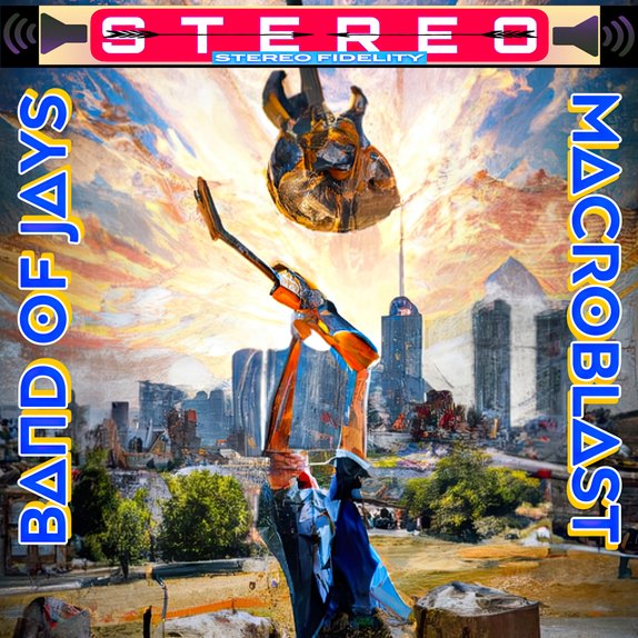 Macroblast — cover art. A collage of a figure raising a guitar before a city skyline and mountains, a horned mask hanging overhead, under a retro STEREO banner.