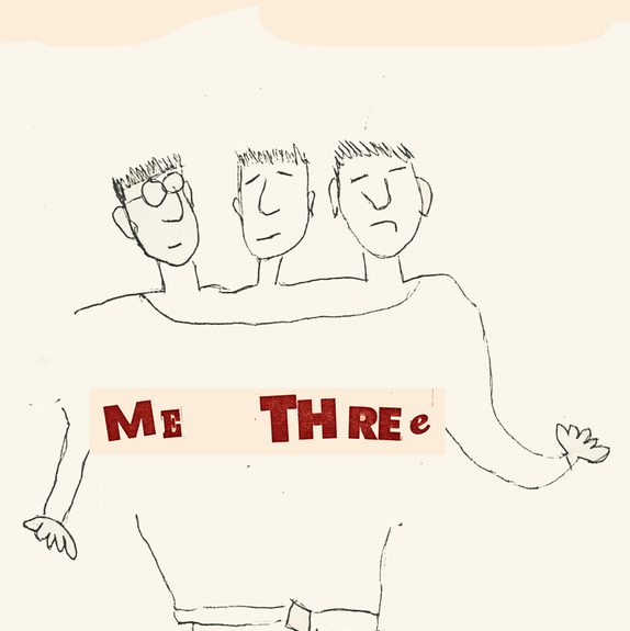 Hand-drawn illustration of three linked figures under the Me Three name, the artwork from their original 1983 Green Monkey release