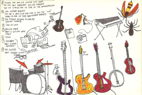 Hand-drawn illustration of Mud Shack's home-recording setup - guitars, a drum kit, a 4-track cassette recorder, amps - alongside a murder hornet and a recluse spider, from the Mud Shack cassette artwork