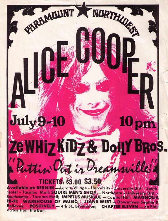 1971 concert poster for Ze Whiz Kidz & Doily Bros opening for Alice Cooper at the Paramount Northwest in Seattle, advertising "Puttin' Out Is Dreamsville"