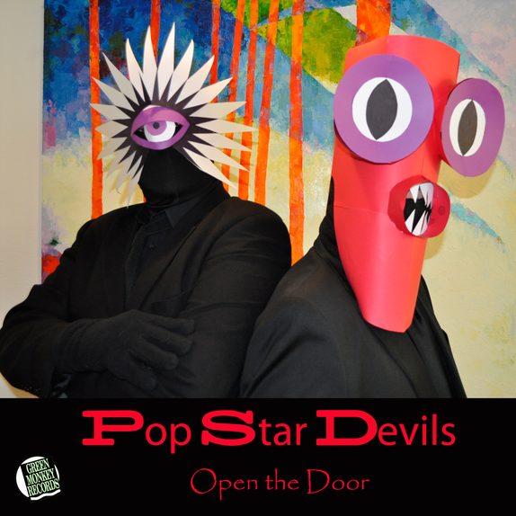 Open the Door — cover art: the two Pop Star Devils, starburst mask and red mask, in front of a bright abstract painting, with the band name in red.