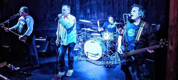 The Purdins performing live — guitar, lead vocals, drums, and bass under blue stage lights