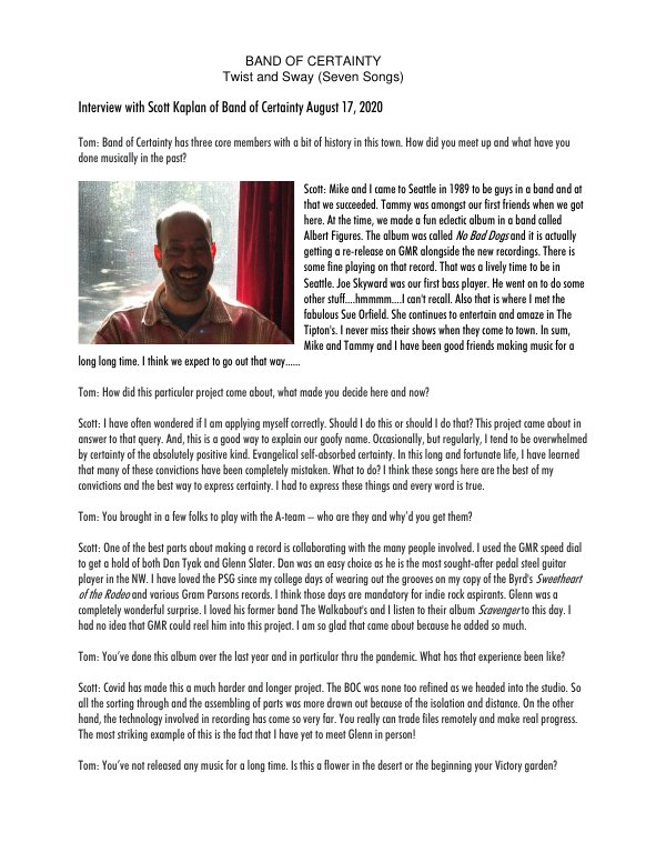 First page of Interview with Scott Kaplan of Band of Certainty August 17