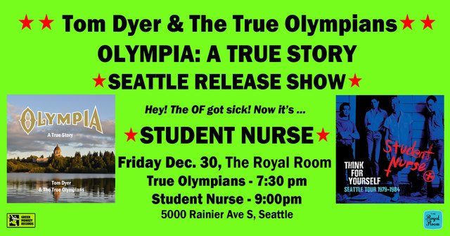 Tom Dyer & The True Olympians picture from the Green Monkey Records newsletter, December 2022